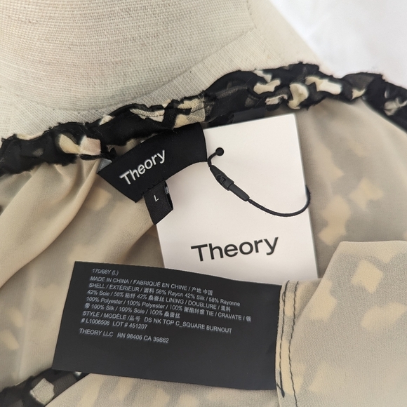 Theory Blouse Top Silk Blend Tie Neckline Gathered Waist Long Sleeve Black L NWT - Picture 12 of 14